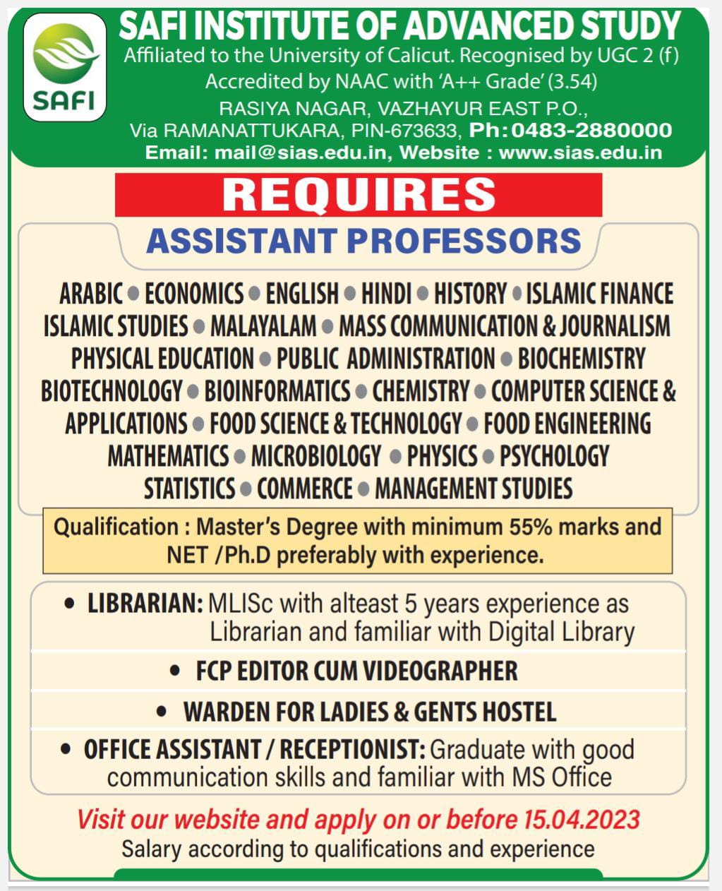 Careers | SAFI Institute of Advanced Study (Autonomous)